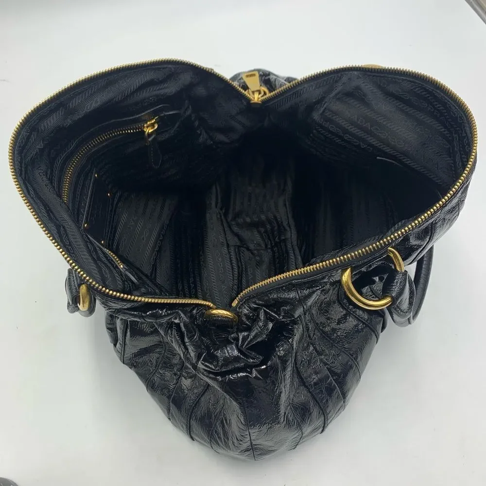 Auth Prada Black Patent Leather Whipstitch Tonal Stripe Satchel Lightweight